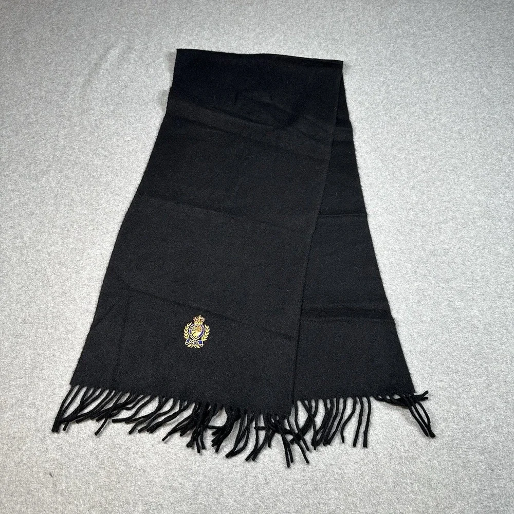 Polo Ralph Lauren 100% Cashmere Black Scarf Crest‎ Logo Made Germany 54 X 12 VTG